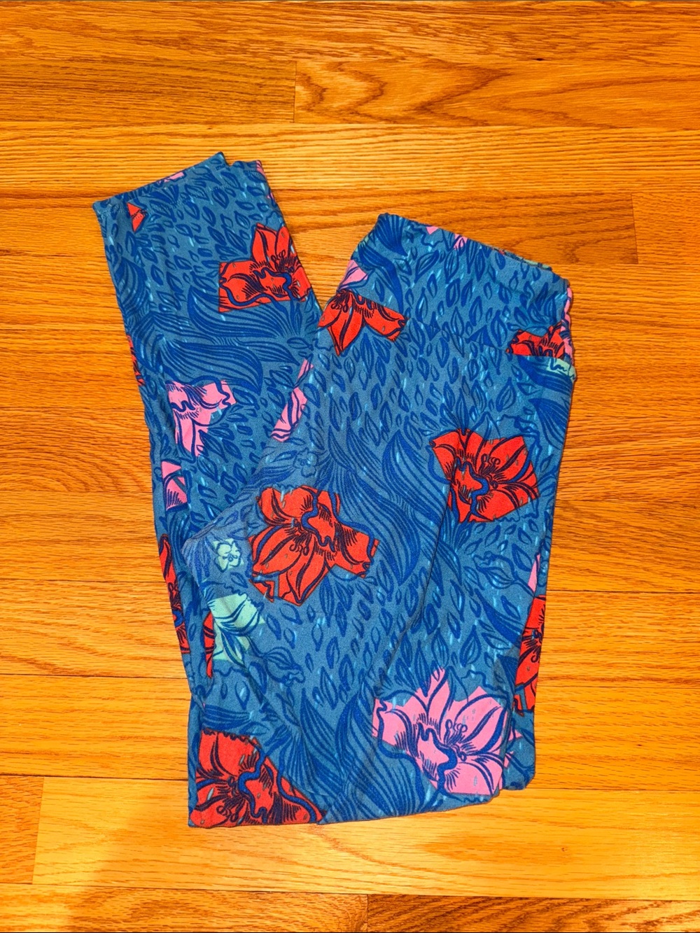 LuLaRoe Blue Floral Print Leggings with Red & Pink Blooms